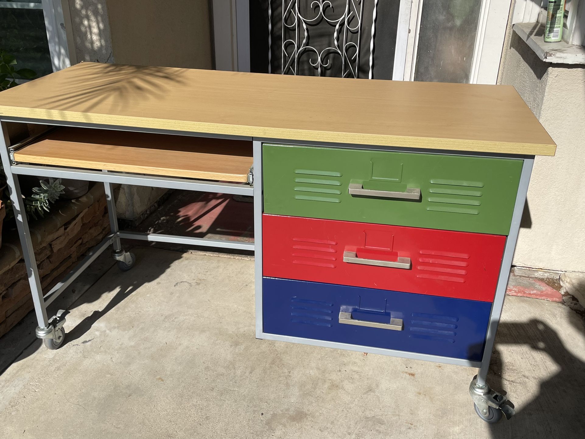 Colorblock Industrial home or Office Desk silver metal frame multi-colored locker-style drawers