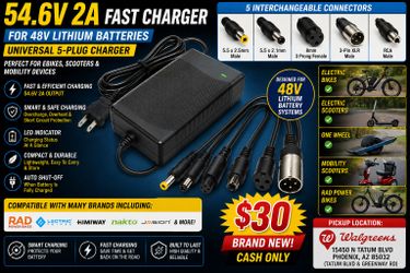 54.6V 2A Fast Charger for 48V Lithium E-Bikes & Electric Scooters – Universal 5-Plug Smart Battery Charger