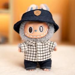 17cm Hot Labubu Doll Clothes Fashion Clothes Hat Plaid Shirt Jeans For 17cm Doll Clothes Dolls Accessories Three-piece Set Gift