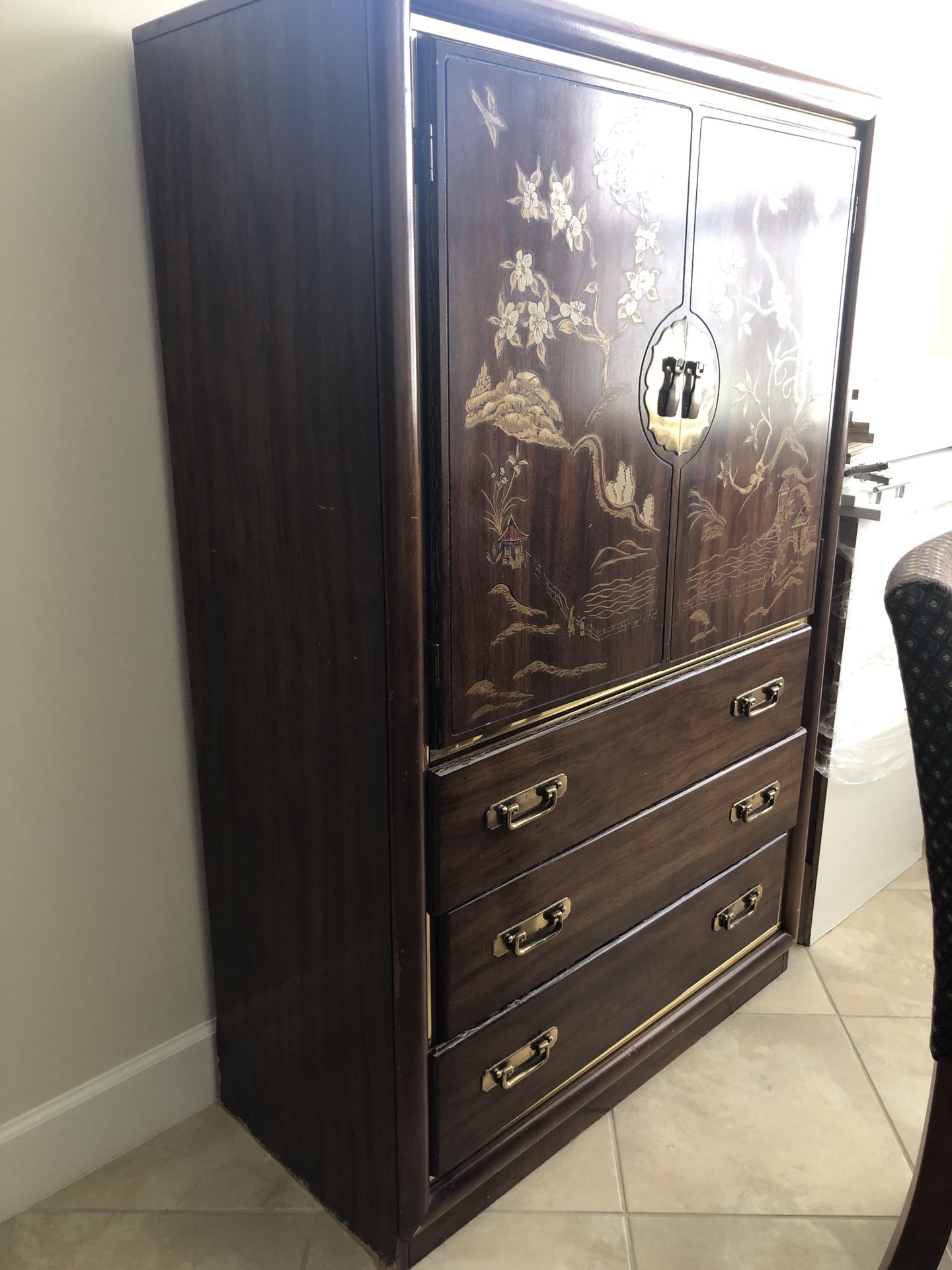 Chinese Cabinet, Round Tall Table With 4 Chairs Plus Two Chinese Cabinet