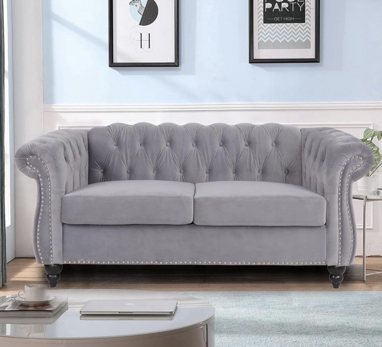 64" Velvet Sofa, Chesterfield Tufted Upholstered 2 Seater Couch, Modern Loveseat Couch Classic Furniture for Living Room Bedroom (Gray)