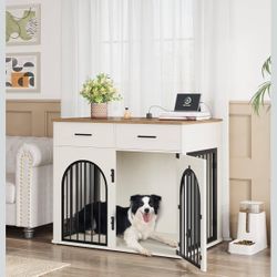43.3'' Large Dog Crate Furniture with 2 Storage Drawers, Heavy Duty Dog Kennel Indoor with Charging Station, Wooden Dog Cage End Table Kennel for Medi