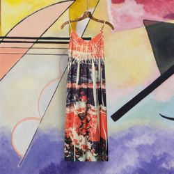 CELLO ABSTRACT LONG MAXI DRESS SMALL BRAIDED STRAPS PAINT SPLATTER DESIGN