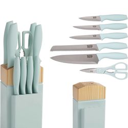 Tasty Kitchen Knife Set with Block, Cutlery Set includes Chef, Bread, Utility, Paring, Steak Knives & Shears, 10-Piece, Aqua
