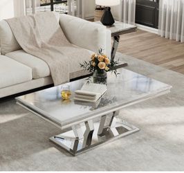Chino hills pick up, Grey Faux Marble Coffee Table Sliver Stainless Steel Geometric Base, Modern Glam Living Room Table