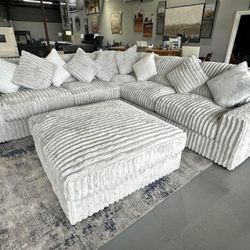 JH-$49 Down Payment For Financing Stupendous Ivory Light Gray Fluffy Cozy Soft Oversized Deep Seating Sectional Couch 