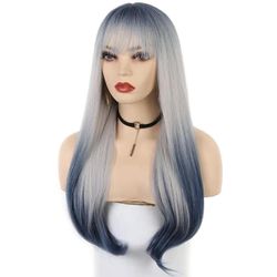 Human hair blend blue to white Ombré wig
