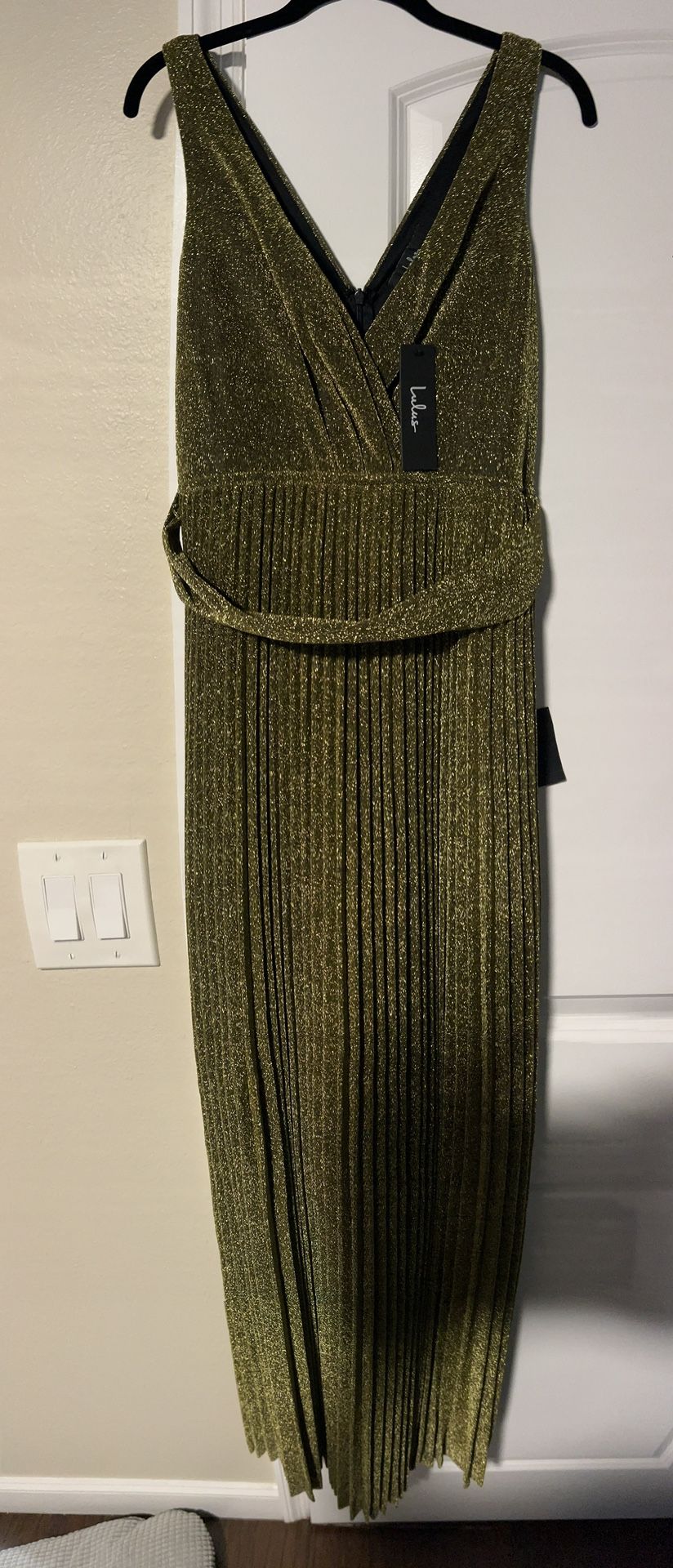 Gold Metallic Pleated Maxi Dress