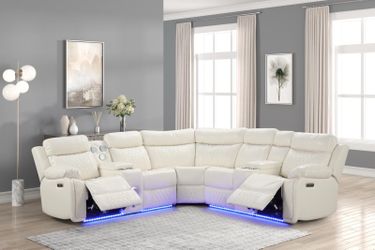 White Power Reclining Sectional | LED, USB & Storage