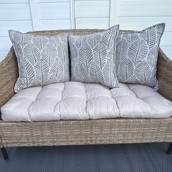 Beige Rattan Loveseat and Small Table