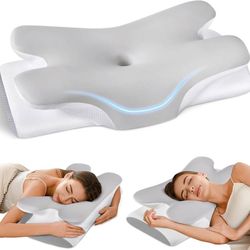 new Cervical Neck Pillow for Neck Shoulder Pain Relief, Soft Contour Side Sleeper Pillow of 2 Heights, Odorless Q-max Cooling Memory Foam Orthopedic B