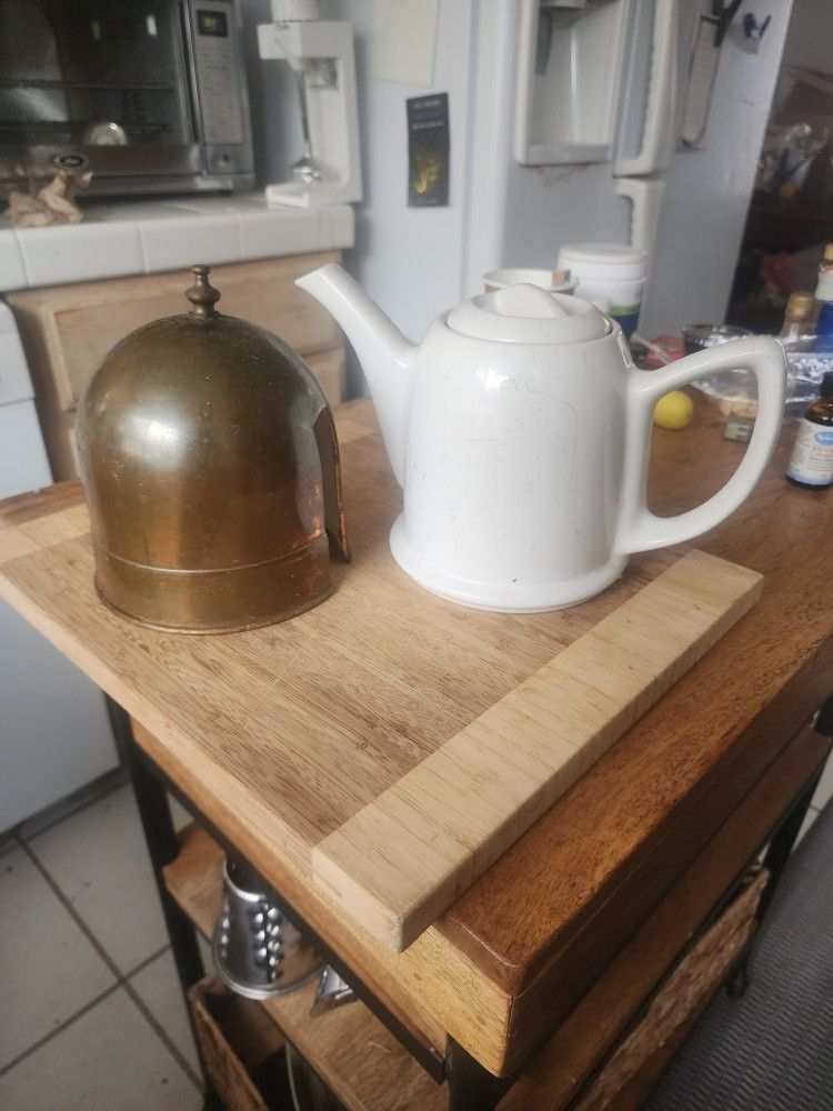 Vintagw White Ceramic Tea Pot With Brass Warmer Cover