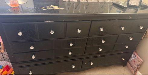 Black dresser with rhinestone handles