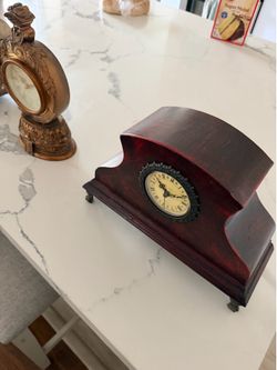 2 Decorative Mantel Desk Clocks — Victorian Baroque Style, Gold & Burgundy Wood
