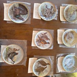 Royal Worcester 8pc Game Birds Collector Plate Set Gold Trim Porcelain 1970s