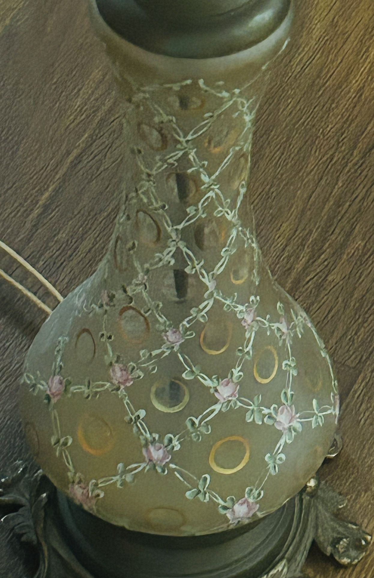 Antique Hand Painted Art Glass And Brass Lamp 1920’s Good Working Lamp 32 Inches Tall