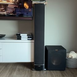 Black Polk Audio RTI 12 Tower Speaker and Klipsch 12” Subwoofer