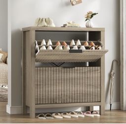 Fluted Shoe Cabinet Storage with 2 Flip Drawers,Freestanding Shoe Organizer , Grey