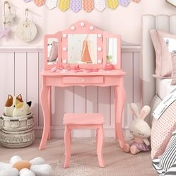 KOTEK Kids Vanity, 2 in 1 Toddler Vanity Set with Mirror, Lights, Drawer