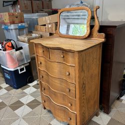 Antique Dresser Tallboy With Mirror And 6 Drawers 