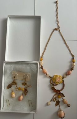 One-of-a-Kind Cottagecore Crochet Yellow Rose & Stone Statement Necklace & Earrings Set with Gift Box