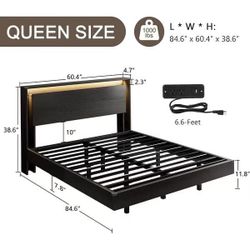 ❤️‍🔥 #B Queen Size Floating Bed Frame with LED Lights, Charging Station