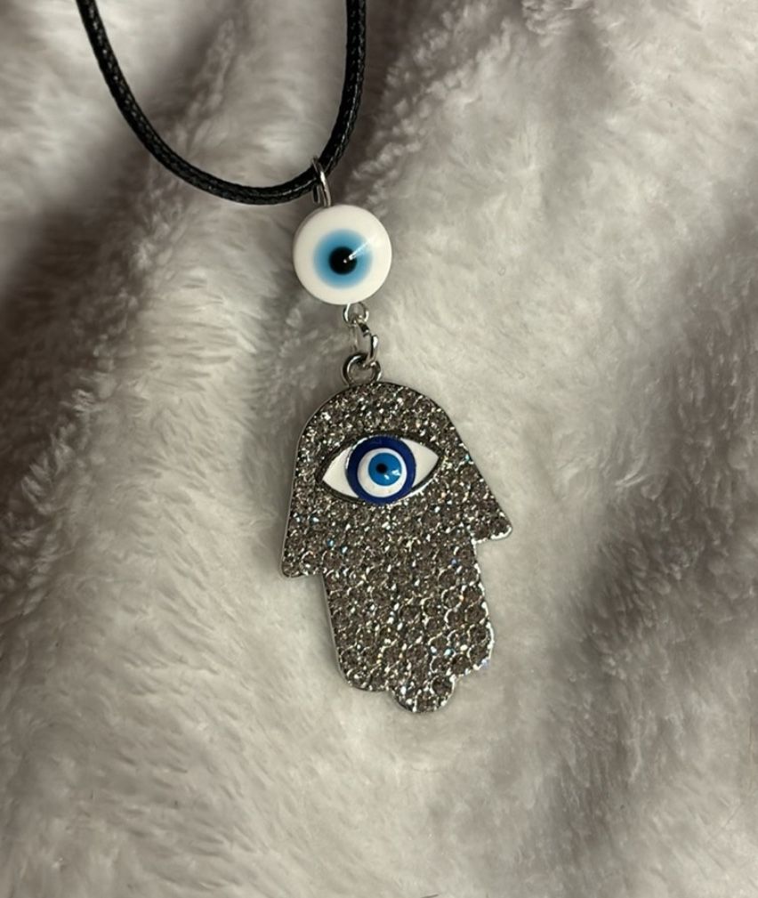 Silver Hamsa And Evil Eye Charm Adjustable Necklace