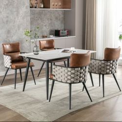 Dining Chairs Set of 2, Mid-Century Modern Dining Chairs with Metal Legs, Faux Leather Woven Dining Chairs for Dining Room, Kitchen, Living Room