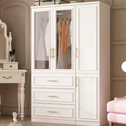 2-Combination White Wood 4-Door Big Armoires with 2-Hanging Rods, 3-Drawers, Shelves