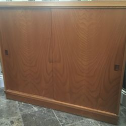 Danish Modern Mid Century narrow depth multi-use cabinet for storage or display in any room.  40” tall x 47”w x 14”d overall