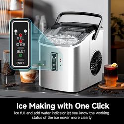 Ice Maker Countertop with Carry Handle, 9 Cubes Ready in 6 Mins, 26.5lbs/24H, Self-Cleaning, 2 Sizes of Bullet Ice with Basket and Scoop, Portable Ice