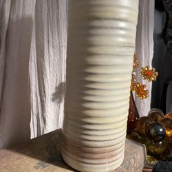 Beautiful Vintage Frankoma Vase ceramic Art Pottery 72 cream /light beige colored with Brown Rings 10.25” tall Cylinder Planter/