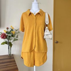 Yellow Button Up Shirt And Short Set