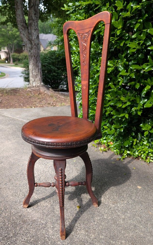 Antique Carved Mahogany High Back Adjustable Seat Height Piano Chair Stool