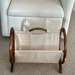 18” Vintage MCM Bamboo Magazine Rack with Double Canvas Pockets