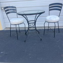 Metal and Glass outdoor bistro patio table and chairs set
