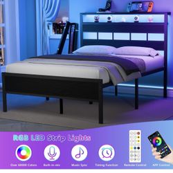 Brand New Furnulem Full Size Bed Frame with LED Light and Charging Station, Wood Storage Headboard with 2-Tier Shelves. Russell/Boulder Area