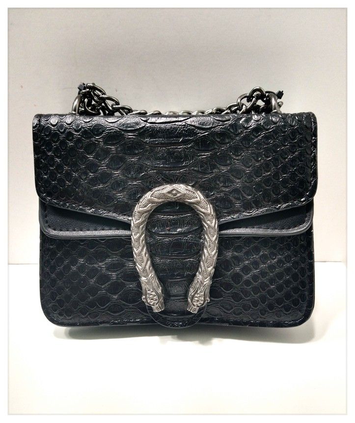 Black Faux Leather Reptile Skin Design Cross-Body Bag w/Bronze Hardware