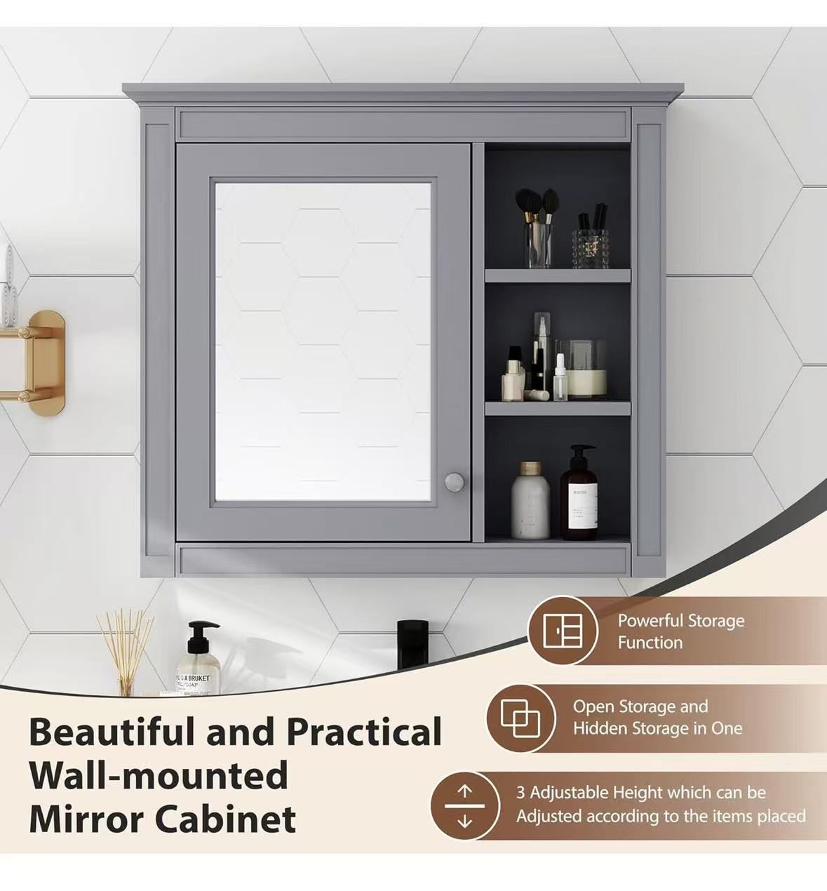 Brand new Bathroom Wall Cabinet with Mirror, 30'' x 28'' Medicine Cabinet with Mirror Door and Adjustable Shelves, Over Toilet Storage Cabinet, Wall-M