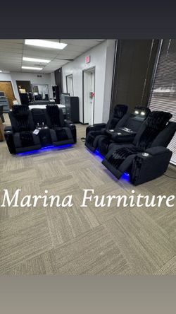 Black Power Recliner Sofa Set with LED Lighting