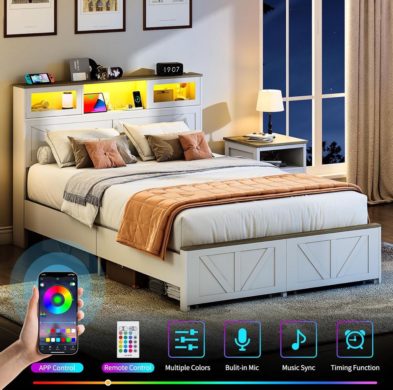 Yoobure Queen Size Bed Frame with Headboard, Queen Bed Frame with Charging Station, LED Beds with 2 Storage Drawers, Wood Farmhouse Bedframe,