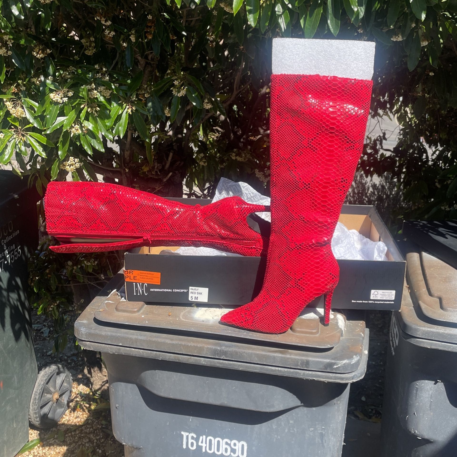 Red Faux Snakeskin Heeled Boots