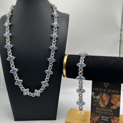 Flower 4 Leaf Clover Iced Out Premium Quality Chains & Bracelet Silver Blue