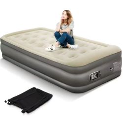 Portable twin-sized air mattress has a built-in electric pump for easy inflation and deflation. The top surface is a soft flocked material in a beige 