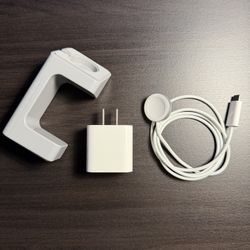 Original OEM Apple Watch Magnetic Fast Charger To USB-C Cable (1m) A2515 with Original OEM Apple 18W USB-C Power Adapter A1720 and Apple Watch Stand