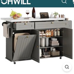 Kitchen Island Cart with Trash Can Storage, Kitchen Storage Cabinet on Wheels