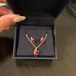 Ruby Earrings And Pendant Set (10 K Gold)