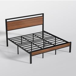 🔥 Urgent Sale – FurNew  King Size Bed Frame, Heavy Duty Metal Sturdy King Bed Frame with Modern Wood Headboard & Footboard, Stable Platform Bed Furni