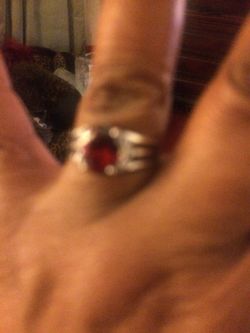 LADIES RUBY STERLING SLIVER RING WITH CUBIC ZIRCONIA'S. SIZE 8,9