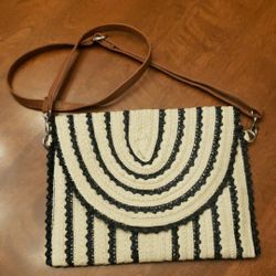 Crossbody Clutch Woven Cream & Black With Tan Detachable Adj Strap